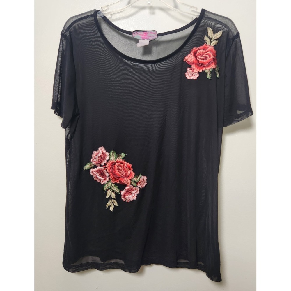Black Sheer‎ Mesh Top Embroidered Roses Size 1X Whimsigoth Punk Rocker Y2K